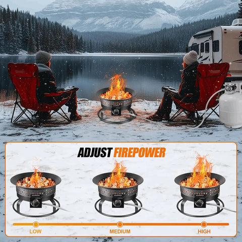 Outdoor Portable Propane Fire Pit 60 000 BTU 19 Inch With Cover And Carry Kit by lake setting; firepower adjustment inset.