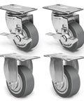 Rock Solid 3 Inch TPR Rubber Caster Wheels Set Of Four Hella Smooth Rolling Heavy Duty Non Marking Casters 1200 Lb Capacity with swivel and rigid plates.