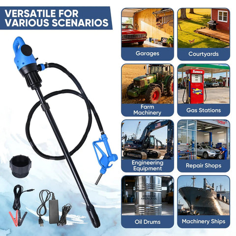 Heavy Duty Badass Electric Drum Pump For 55 Gallon Barrels, showcasing versatility for garages, farms, and gas stations.