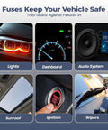 Fuses keep your vehicle safe, guarding failures in lights, dashboard, audio system, sunroof, ignition, and wipers.