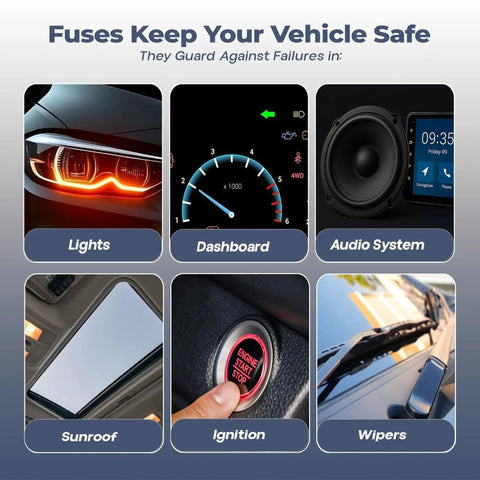 Fuses keep your vehicle safe, guarding failures in lights, dashboard, audio system, sunroof, ignition, and wipers.