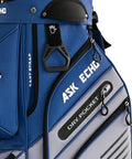 Close-up of navy grey 14 Way Divider Top Golf Cart Bag With Quiet Design showing pockets, zippers, and brand logo.