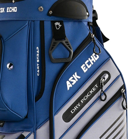 Close-up of navy grey 14 Way Divider Top Golf Cart Bag With Quiet Design showing pockets, zippers, and brand logo.
