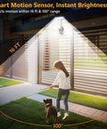 Clip On Solar Lights Outdoor With Motion Sensor lighting pathway and girl with dog at night, showing motion detection range.