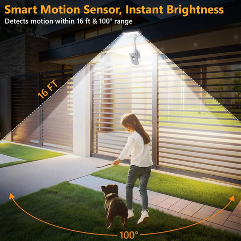 Clip On Solar Lights Outdoor With Motion Sensor lighting pathway and girl with dog at night, showing motion detection range.