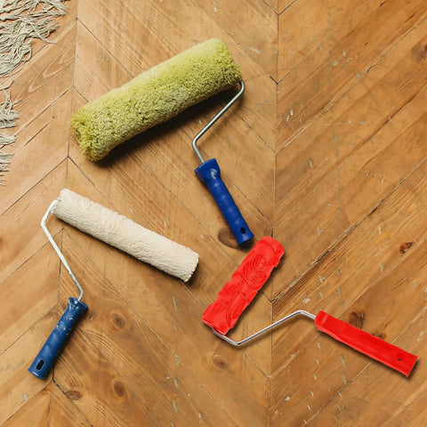 Professional Grade Slick Wood Grain Texture Paint Roller For Interior Wall Decoration on wooden floor.