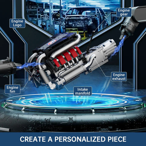 V8 Engine Model Kit For Adults With 1169 Pieces STEM Building Set, Working Transmission, Realistic Blade Rotation, And 4 Speed Gear System For True Gearhead Drivetrain Practice, assembled V8 model with labeled parts
