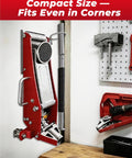 1.5 Ton Floor Jack Wall Mount Rack For Low Profile Hydraulic Jacks And Trailers, Heavy Duty Solid Steel Storage Holder in silver.