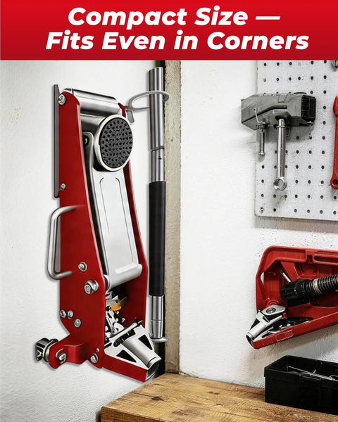 1.5 Ton Floor Jack Wall Mount Rack For Low Profile Hydraulic Jacks And Trailers, Heavy Duty Solid Steel Storage Holder in silver.