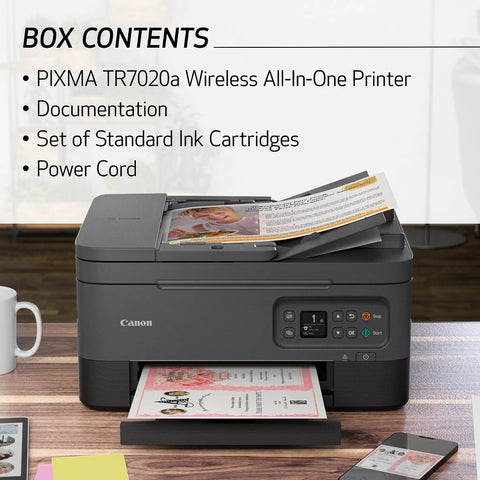 Slick All In One Wireless Color Inkjet Printer With Duplex Printing Auto Document Feeder Breezy Mobile Setup And Alexa Compatibility For Home Office Hustle on desk with prints and paper.