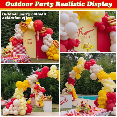 Barbecue Balloon Garland Arch Kit With 176 Pcs Red Yellow White Balloons And Hot Dog Foil Balloons For Picnic Baby Shower