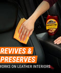Leather Care Gel For Cars Trucks And Motorcycles Interior Cleaner And Conditioner That Cleans Conditions And Protects Genuine Leather From Heat Sunlight And Humidity 18 Fl Oz shown with hand applying on seat