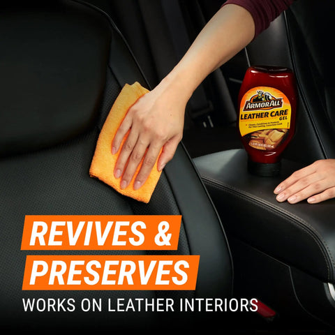 Leather Care Gel For Cars Trucks And Motorcycles Interior Cleaner And Conditioner That Cleans Conditions And Protects Genuine Leather From Heat Sunlight And Humidity 18 Fl Oz shown with hand applying on seat