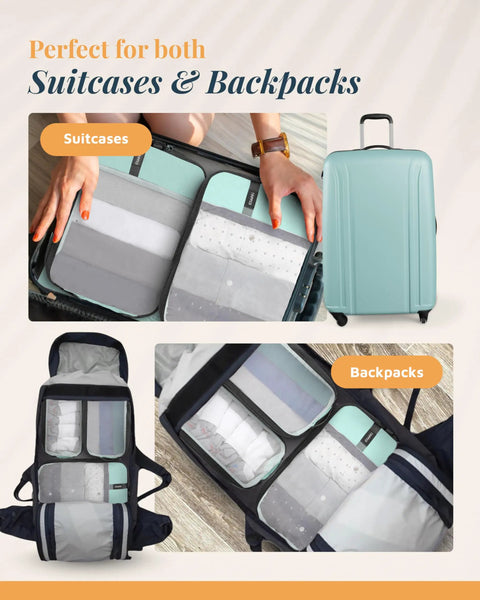 Compression Packing Cubes For Travel 6-Piece Premium Set With Laundry And Shoe Bag organizing suitcase and backpack, dusty teal mesh.