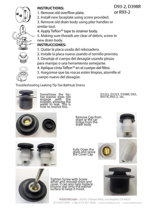 Instructions for Top Tier Universal Bathtub Drain Plug Set Featuring Slick Polished Brass Finish with clear assembly and troubleshooting guide.