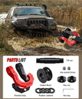 Three Quarters Inch D Ring Shackles With Snatch Block For Off Road Recovery And Heavy Duty Towing 45,000 Lbs Capacity Boosting Winch Power By Redirecting Load And Reducing Heat. Muddy SUV recovery with red and black shackles, snatch block, 7/8 pin