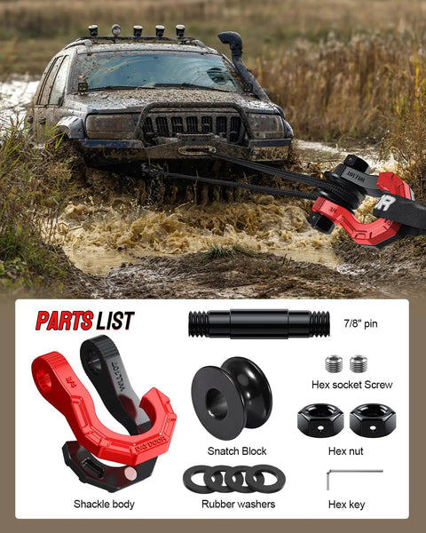 Three Quarters Inch D Ring Shackles With Snatch Block For Off Road Recovery And Heavy Duty Towing 45,000 Lbs Capacity Boosting Winch Power By Redirecting Load And Reducing Heat. Muddy SUV recovery with red and black shackles, snatch block, 7/8 pin