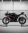 Heavy Duty Motorcycle Stand Lift 850lbs Front And Rear Combo with bike on stands showing front wheel Dymond shape and rear U-fork design