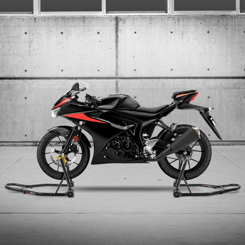 Heavy Duty Motorcycle Stand Lift 850lbs Front And Rear Combo with bike on stands showing front wheel Dymond shape and rear U-fork design