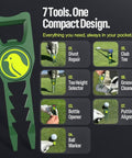 Seven In One Metal Golf Divot Tool With Magnetic Ball Marker And Tee Height Setter Includes Bottle Opener Groove Cleaner Putting Alignment And Club Tee A Durable Green Accessory Gift For Men And Women with tool features illustrated.