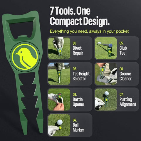 Seven In One Metal Golf Divot Tool With Magnetic Ball Marker And Tee Height Setter Includes Bottle Opener Groove Cleaner Putting Alignment And Club Tee A Durable Green Accessory Gift For Men And Women with tool features illustrated.