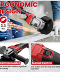 Cordless Four Point Five Inch Angle Grinder With Brushless Motor Three Speed Settings Up To 8500 RPM Spanner Included Compatible With Milwaukee 18V Battery, lightweight ergonomic design with sliding switch and 2-position handle.