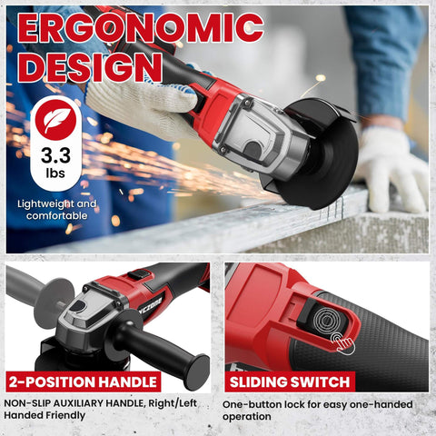 Cordless Four Point Five Inch Angle Grinder With Brushless Motor Three Speed Settings Up To 8500 RPM Spanner Included Compatible With Milwaukee 18V Battery, lightweight ergonomic design with sliding switch and 2-position handle.