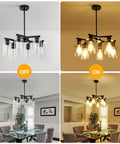 Six Light Matte Black Modern Farmhouse Chandelier With Clear Glass Shades displayed lit and unlit in dining room settings.