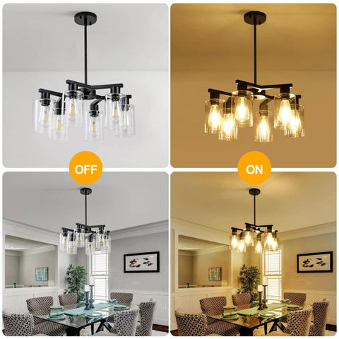 Six Light Matte Black Modern Farmhouse Chandelier With Clear Glass Shades displayed lit and unlit in dining room settings.