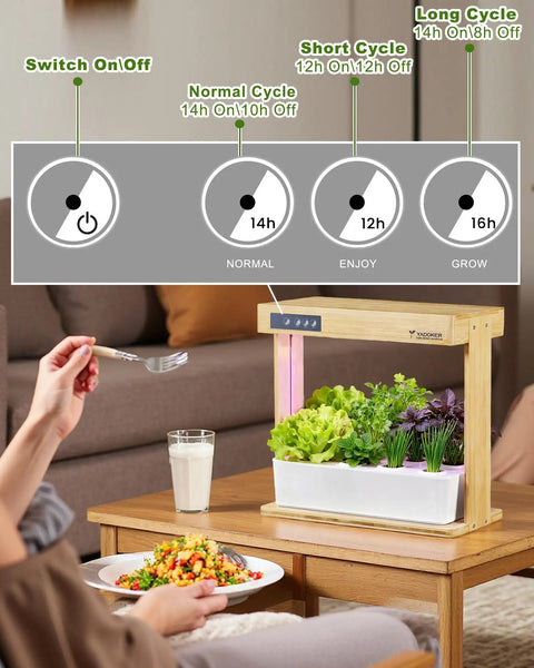 Indoor Hydroponic Garden System With 8 Pod Smart Grow Kit on table, focus on LED light timer settings and growing herbs.