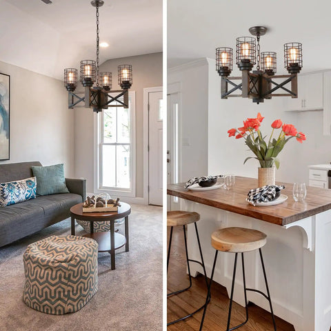Wood Farmhouse Cage Chandelier Four Light Pendant For Kitchen Island Industrial Chic Dining Table Vintage Edison Ceiling Light Brown And Black Rustic Fixture shown in living room and kitchen setting