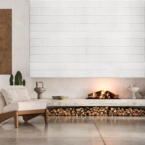 Living room with white wall panels above a modern fireplace, showcasing 3D Wall Panels Peel And Stick Waterproof Faux Stone.