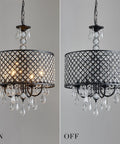 Antique Black Hanging Pendant Light With Crystal Drum Shade, Four Light Farmhouse Chandelier For Kitchen Island, Living Room Or Bedroom, UL Listed, Modern Vintage Glow, Cozy Chic Vibe, shown with lights on and off.
