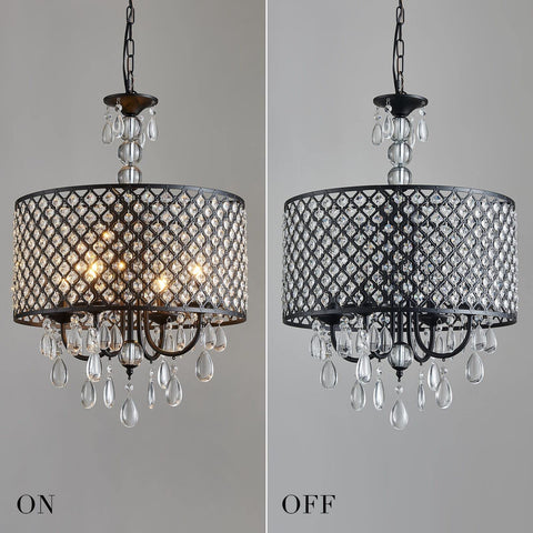 Antique Black Hanging Pendant Light With Crystal Drum Shade, Four Light Farmhouse Chandelier For Kitchen Island, Living Room Or Bedroom, UL Listed, Modern Vintage Glow, Cozy Chic Vibe, shown with lights on and off.