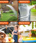 Collage showing Long 18.5 Inch Garden Hose Wand With 180 Degree Swivel Head watering plants, washing car, bathing pets, and playing games.