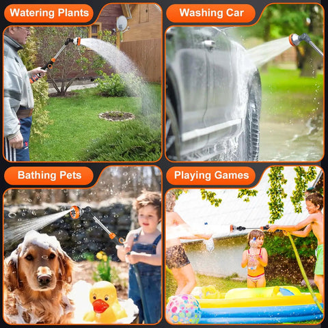 Collage showing Long 18.5 Inch Garden Hose Wand With 180 Degree Swivel Head watering plants, washing car, bathing pets, and playing games.