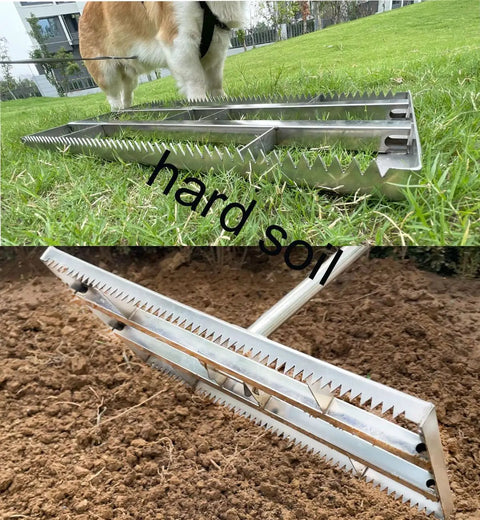 Pro Grade 2 In 1 Lawn Leveling Rake With Double Sided Design And Serrated Edge, 70 Inch Adjustable Stainless Steel Garden Rake on grass