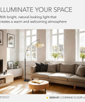 Arc Floor Lamp With 80 Inch Reach, Black Base, Oval Off White Paper Shade in modern living room, bright light.