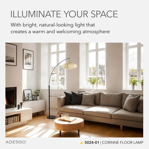 Arc Floor Lamp With 80 Inch Reach, Black Base, Oval Off White Paper Shade in modern living room, bright light.