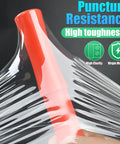 Clear stretch wrap roll with red handle showcasing puncture resistance, 15 X 1000 Ft industrial grade shrink film for secure packaging.