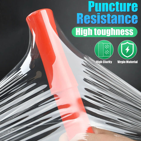 Clear stretch wrap roll with red handle showcasing puncture resistance, 15 X 1000 Ft industrial grade shrink film for secure packaging.