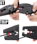 Automatic Wire Stripper And Cutter 2-In-1 Tool with Auto Distance Positioning for electricians, showing wire cutting and stripping.