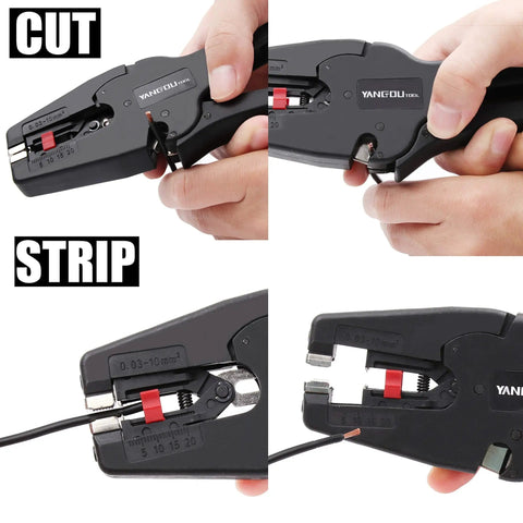 Automatic Wire Stripper And Cutter 2-In-1 Tool with Auto Distance Positioning for electricians, showing wire cutting and stripping.