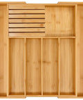 Natural Bamboo Utensil Drawer Organizer Expandable Cutlery Tray With Seven Flexible Slots top view showcasing bamboo construction and compartments.