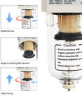 One Quarter Inch NPT Shop-Ready Air Line Dryer For Compressor With 5 Micron Brass Filter, Poly Bowl, Manual Drain, 0 To 160 PSI, 27 CFM High Flow Air Drying System AF2000-02Z close-up view showing brass filter and caution label