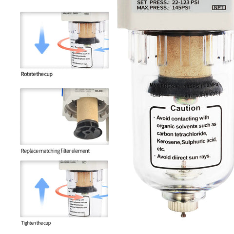 One Quarter Inch NPT Shop-Ready Air Line Dryer For Compressor With 5 Micron Brass Filter, Poly Bowl, Manual Drain, 0 To 160 PSI, 27 CFM High Flow Air Drying System AF2000-02Z close-up view showing brass filter and caution label