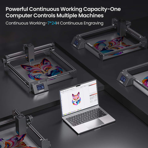 Beast Power 20000mW Laser Engraver And Cutter For Metal, Glass, Wood, Leather with laptop controlling multiple machines in workshop