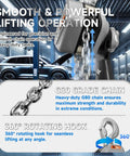 Close-up of Beefy Mini Lever Hoist 1/2 Ton Come Along With 10 Ft Lift Aluminum Alloy Chain and G80 Safety Hook in garage