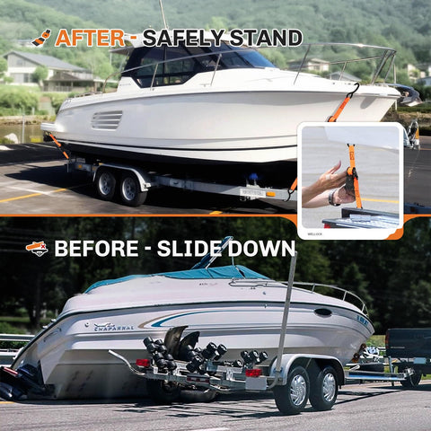 Boat Trailer Transom Tie Down Straps, Heavy Duty 1 Inch By 4 Feet, Retractable Ratchet Straps secures boats during transport, before and after use.