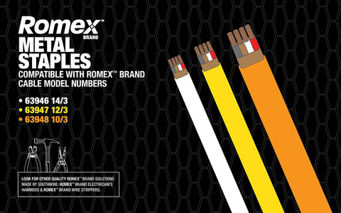 Romex metal staples package showing compatible cable models 63946 14/3, 63947 12/3, 63948 10/3, for NM and UF cable.